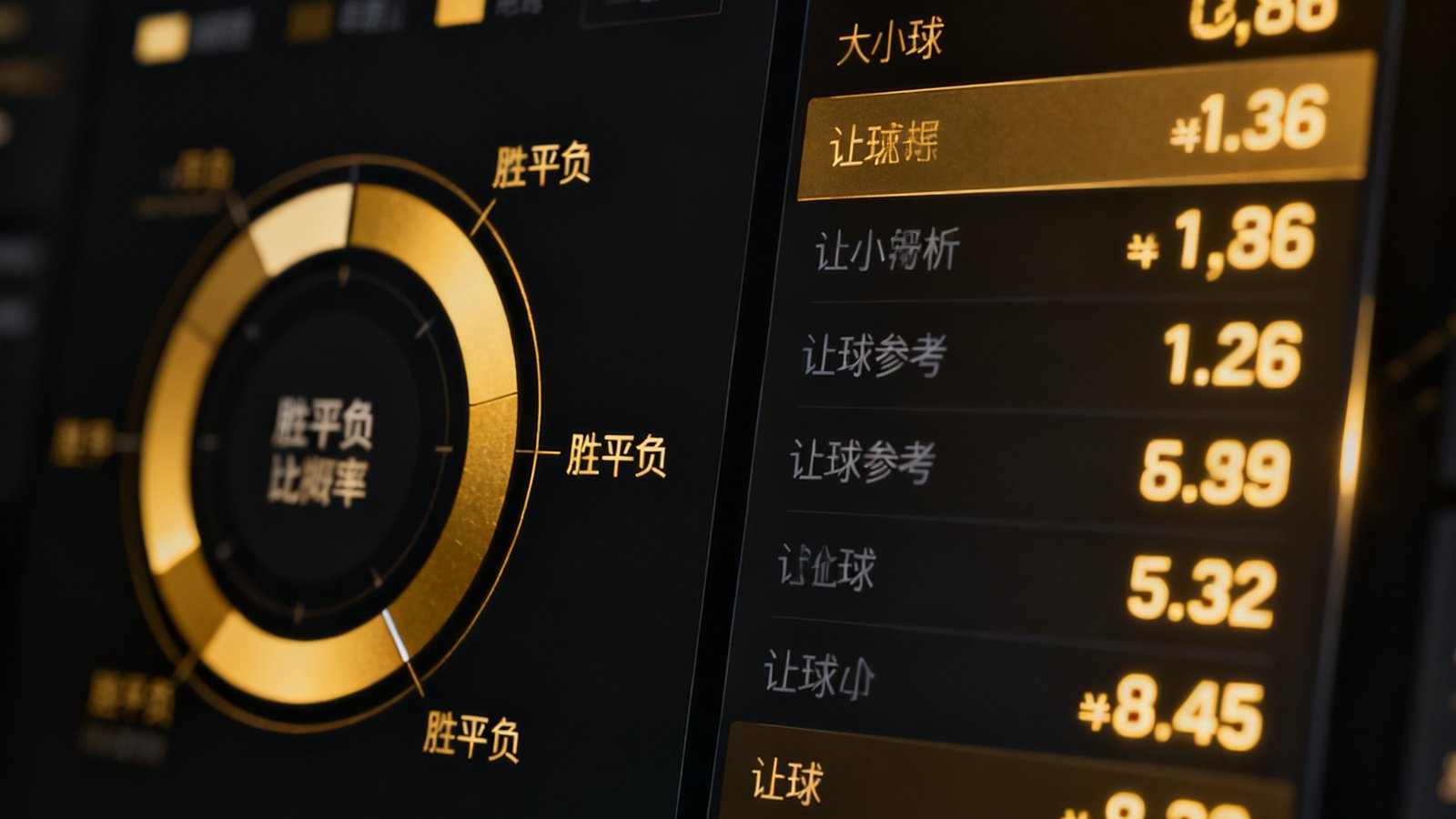 智能数据预测分析界面截图，环形图展示胜平负概率分布，右侧面板显示大小球分析数据和让球参考数值，整体界面采用深色主题配金色数据高亮